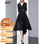 AUI 連衣裙女歐洲站2022秋新款氣質(zhì)時尚女裝黑色不規(guī)則長款雪紡裙子 黑色 S