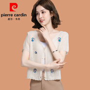 皮爾卡丹（pierre cardin）配褲子外搭開衫女桑蠶絲配裙子真絲上衣超短款外套夏薄款短袖罩衫 杏色 S
