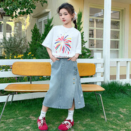 俠客小龜女童夏裝2025新款洋氣時(shí)髦套裝大童女孩牛仔半身裙子兒童夏季背心 煙花T+牛仔裙2件套 140