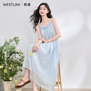 西遇薄紗吊帶連衣裙女2025年夏新款立體花朵藍色度假風(fēng)沙灘裙 藍色 M