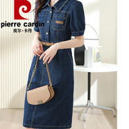 皮爾卡丹（pierre cardin）復(fù)古小個(gè)子牛仔連衣裙女2025年夏季新款收腰帶顯瘦短袖襯衫連身裙 351深藍(lán)色 現(xiàn)貨24小時(shí)內(nèi)發(fā) S