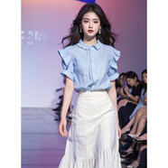 芷依麗（ZHIYILI）連衣裙女夏季新款藍(lán)色棉麻亞麻襯衫+半身裙減齡洋氣時尚套裝裙女 上衣 S