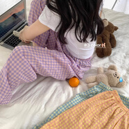 漫蔻依2025年夏季新款韓系格子甜美舒適透氣居家遛彎褲睡褲九分褲小清新 淺紫格子【長褲】 M 80-120斤