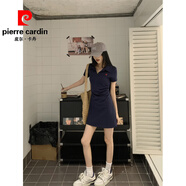 皮爾卡丹（pierre cardin）韓版運動風(fēng)Polo領(lǐng)刺繡連衣裙女夏季2025新款褶皺收腰顯瘦短袖裙子 藏青色短款 M
