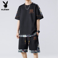 花花公子（PLAYBOY）新中式國風休閑運動套裝男夏季薄款刺繡短袖t恤搭配短褲穿搭一套 TZ068黑色【短褲套裝】 3XL (約160-180斤可穿)