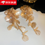 巴克樂(lè )樂(lè )銀針時(shí)尚鑲鉆花朵長(cháng)款流蘇耳環(huán)歐美個(gè)性夸張設計耳墜重工氣質(zhì)耳飾 銀針-金色