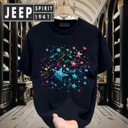 JEEP SPIRIT吉普痞帥男裝短袖夏季純棉潮牌體恤上衣 黑色【前大圖K1019 彩色繁星】20 S 建議90-100斤