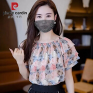 皮爾卡丹韓版印花甜美一字領(lǐng)皺褶薄款超仙雪紡衫2025年遮肚子短袖T恤 玫瑰花 XL 110-120斤
