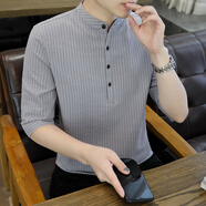 鉑朗尼奧七分袖t恤男七分袖襯衫男士薄款條紋立領(lǐng)夏季中袖中國風(fēng)復(fù)古純綿 淺灰色 XL適合體重115斤-130斤穿 均碼
