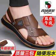 西域駱駝（VANCAMEL）2024夏季新款男款真皮涼鞋牛筋底耐磨防滑兩用沙灘鞋 棕色5807 39