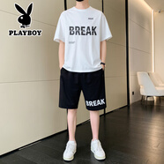 花花公子新款休閑運動套裝男士夏季短袖t恤男半袖冰絲男T恤兩件套夏裝衣服 白色 XL