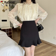 啄木鳥(niǎo)魚(yú)尾裙高腰半身裙2025新款女荷葉邊短裙百搭西裝裙A字包臀裙春夏 黑色毛呢面料 適合秋冬 S