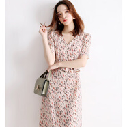 COLORFUL GEMS日系輕奢雪紡連衣裙收腰碎花短袖氣質(zhì)百搭2025夏季 粉紅色 S