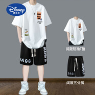 迪士尼（Disney）純棉青少年夏季寬松套裝男生短袖T恤新款大高中學(xué)生潮流休閑運(yùn)動(dòng) 兩件套【T219白色+大字母短褲】 170 M 適合95-115斤
