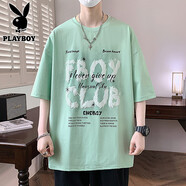 花花公子（PLAYBOY ESTABLISHED 1953）短袖t恤男士夏季2025新款寬松青少年港風(fēng)帥氣圓領(lǐng)體恤衫 5020草綠色 L  110-130斤