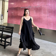 慕兮雅（MUXIYA）胖妹妹2-300斤超大碼法式溫柔風(fēng)純色魚尾邊連衣裙夏季女裝長裙ins 黑色 L 建議120-150斤