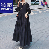 羅蒙（ROMON）大擺連衣裙女2024秋冬季新款復(fù)古燈籠長(zhǎng)袖赫本風(fēng)長(zhǎng)裙純色寬松裙子 黑色 2XL 140-160斤