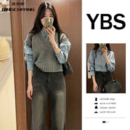 清池影YBS溫柔慵懶風(fēng)灰色V領(lǐng)針織馬甲背心女春秋季疊穿polo領(lǐng)襯衫 套裝:灰色針織馬甲+藍色襯衫 L