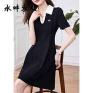 水畔衣人高檔奧特萊斯品牌黑色polo領(lǐng)連衣裙女夏短袖英倫風(fēng)收腰顯瘦小黑裙 黑色 XL