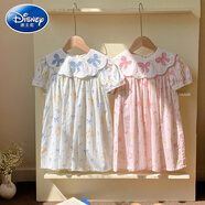 迪士尼（Disney）韓國童裝蝴蝶結刺繡花朵領(lǐng)女童連衣裙2025夏款小熊印花短袖公主裙 小熊粉色 90 cm