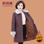 俞兆林（YUZHAOLIN）媽媽冬裝外套中長款棉大衣大碼中老年女加絨加厚棉襖保暖棉服 328- 酒紅格 2XL (參考105-120斤)