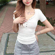 歌詩慧白色短袖t恤女2025夏季新款女裝正肩V領(lǐng)短袖顯瘦上衣潮打底衫衣服 白色正肩紐扣V領(lǐng)短袖 均碼 【80-120斤】