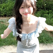 多菲尼森格紋吊帶連衣裙女夏學(xué)院風(fēng)小眾設計蕾絲拼接荷葉邊甜辣妹收腰短裙 藍色格紋 M