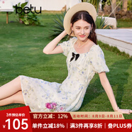 百圖betu女裝夏新款連衣裙蝴蝶結(jié)減齡泡泡袖碎花連衣裙女2306T48 藍(lán)色 M