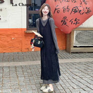 拉夏貝爾（La Chapelle）韓系氛圍感穿搭疊穿罩衫連衣裙女早春感慵懶寬松休閑遮肚兩件套裝 灰色裙子+黑色罩衫 S 96-105斤