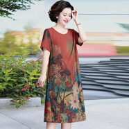 莉美芪中年媽媽2025夏季雪紡印花胖太太連衣裙中老年寬松顯瘦中長(cháng)款裙子 紅色 薄款 2XL 建議110-125斤