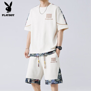 花花公子（PLAYBOY）新中式國(guó)風(fēng)休閑運(yùn)動(dòng)套裝男夏季薄款刺繡短袖t恤搭配短褲穿搭一套 TZ068白色【短褲套裝】 L (約110-125斤可穿)
