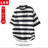 LED短袖T恤男小狗刺繡條紋圓領短袖體恤大碼加肥青少年學生寬松上衣 黑色 XL