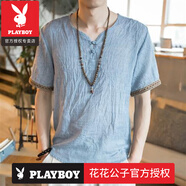 花花公子（PLAYBOY）中國(guó)風(fēng)男裝盤扣亞麻T恤夏季寬松短袖大碼體恤薄款中式復(fù)古純棉麻T 品牌天藍(lán)色 L