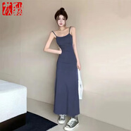 莜仙格辣妹高腰吊帶連衣裙夏季2024新款收腰顯瘦露肩內(nèi)打底長款拖地長裙 灰色 L 建議111-121斤