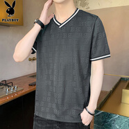 花花公子（PLAYBOY）短袖男夏季新款時(shí)尚寬松透氣V領(lǐng)上衣潮流百搭休閑薄款打底衫男裝 深灰色 Q-RLHH8282 L