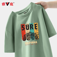 雅鹿短袖t恤男純棉夏季新款休閑運(yùn)動(dòng)青少年學(xué)生寬松大碼寬肩男士T恤衫 豆綠/四色紋印 S （重90-100斤高155-160）