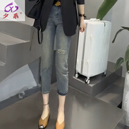 夕系梨形身材直筒牛仔褲女春夏季2024新款大碼胖mm高腰顯瘦九分煙管褲 水洗藍(lán) S 【80-95斤】