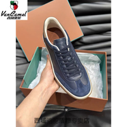 西域駱駝2025春秋男士真皮運動(dòng)休閑鞋舒適百搭防滑耐磨系帶復古德訓鞋潮 藍色-頭層牛皮 38