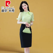 皮爾卡丹（pierre cardin）高檔套裝女裝2025年新款夏季時(shí)尚職業(yè)氣質(zhì)雪紡包臀裙子兩件套潮 青黃色+黑色 L 165