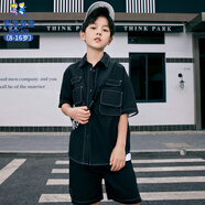 男生女生童裝男童套裝2024夏裝兒童牛仔短袖襯衫休閑短褲兩件套潮 黑色 150 cm