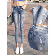 NYCKJK小腳牛仔褲女款小個(gè)子女士薄款牛仔褲小腳褲淺色低腰九分破洞緊身 32均碼 822淺藍色(破洞款) 均碼