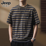 JEEP SPIRIT正品吉普高端短袖男美式復古t恤男條紋竹節(jié)棉休閑刺繡口袋上衣男 BNT8047藍綠T恤 4XL 碼 適合210-230斤