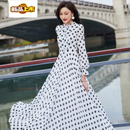 初徑2026新款夏印花雪紡長(cháng)款大擺裙度假驚艷沙灘裙波西米亞超仙連衣裙 白色 波點(diǎn) M 建議105斤內