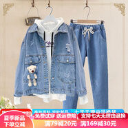 湯靈鼠女童牛仔套裝春秋款洋氣女孩衣服9一12歲時(shí)髦春秋童裝外套牛仔衣13中大童15兒童兩件套女5歲棉  口袋熊外套+深色牛仔褲 155（S建議65-80斤穿）