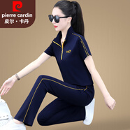 皮爾卡丹品牌冰絲運動套裝女夏季2025新款洋氣薄款短袖長褲女裝休閑兩件套 寶藍 2XL (建議119-130斤)