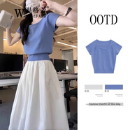 溫格芳 連衣裙女2025夏季新款韓系穿搭減齡時(shí)尚套裝小個(gè)子法式氣質(zhì)長(cháng)裙 藍色上衣+白色半身裙 M