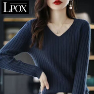 LPOX2025新款V領(lǐng)套頭長(zhǎng)袖針織打底衫女毛衣百搭內(nèi)搭毛衫修身上衣女 深藍(lán)色 2XL [建議120-130斤]