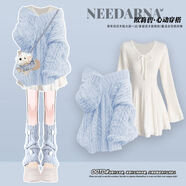 FHHUABD秋裝時(shí)裝冬季穿搭一整套女裝2024新款慵懶風(fēng)針織毛衣氣質(zhì)顯衣服 藍色毛衣+白色連衣裙 兩件套 M 建議80-100斤