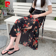 皮爾卡丹（pierre cardin）波西米亞沙灘裙女夏季裹裙2025新款系帶度假?lài)挂黄浇墡О肷砣?咖紅金 8291#黑底紅粉百合 M 建議100-110斤