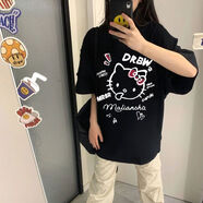 金熊格100%純棉夏季新款重磅卡通貓咪短袖t恤男裝寬松百搭oversize短袖 290克-黑 S 建議85-95斤